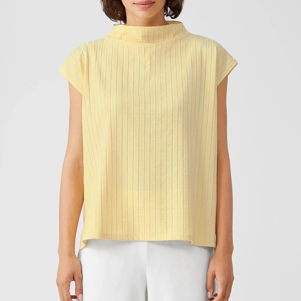 Eileen Fisher Funnel Neck Cap Sleeve Top Womens XL Yellow Ribbed NWT $148